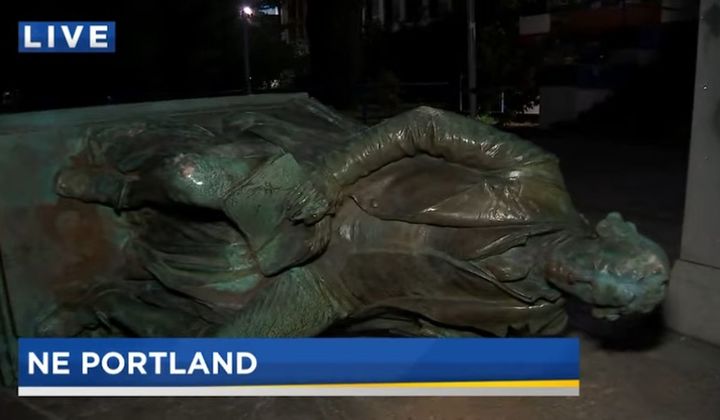 Thomas Jefferson statue toppled by protesters at Portland high s