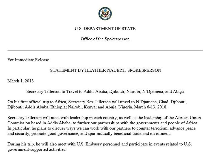 Heather Nauert on Twitter: "Sec. Tillerson will travel to #Chad, #Djibouti, #Ethiopia, #Kenya & #Nigeria, March 6-13 to further our partnerships w/the governments & people of #Africa & discuss ways to work w/our partners to counter terrorism, advance peac