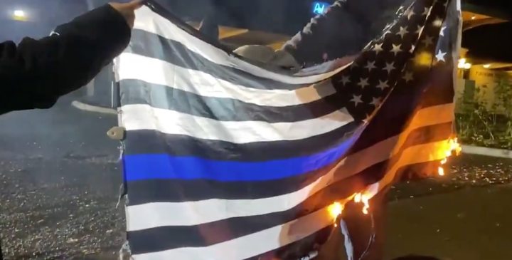 VIDEO: Portland Thugs Burn American Flag, 'Thin Blue Line' Flag 